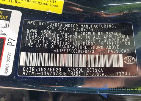2014 Toyota Camry Se from USA, damaged, VIN 4T1BF1FK6EU870773